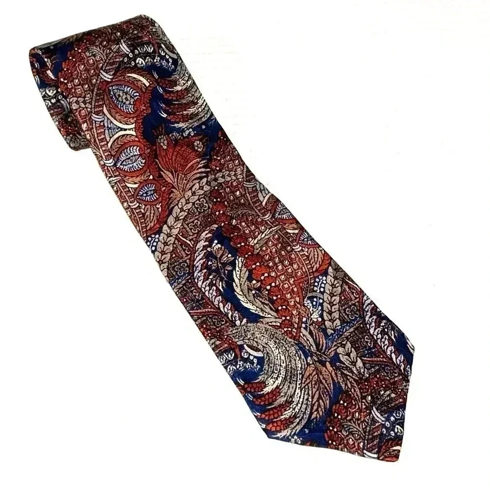 Vintage Guy Laroche Mens Necktie 100% Silk Abstract Print Brown Blue Orange